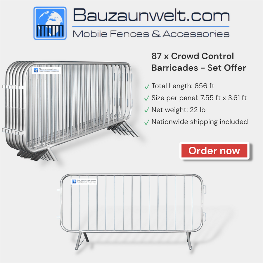 BZW10010 crowd control barricade set, 87 Mannheim-style steel barriers covering 656 linear feet