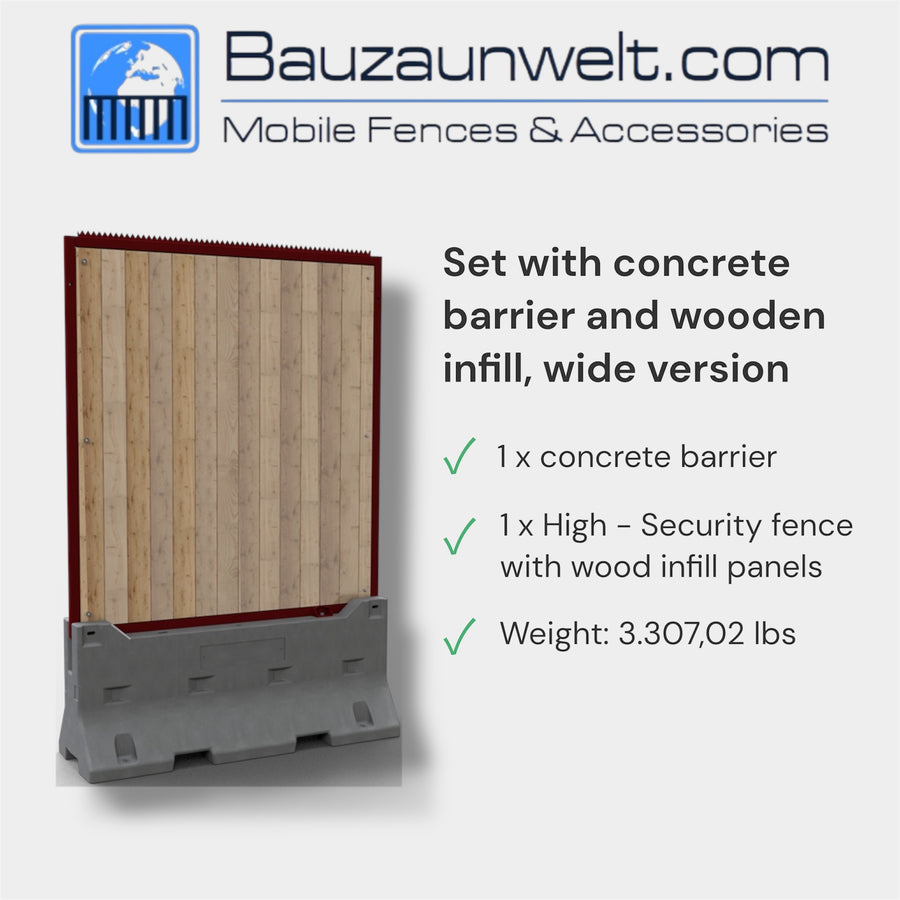 BZW high security wood infill set, concrete barrier with wide privacy panel for site screening