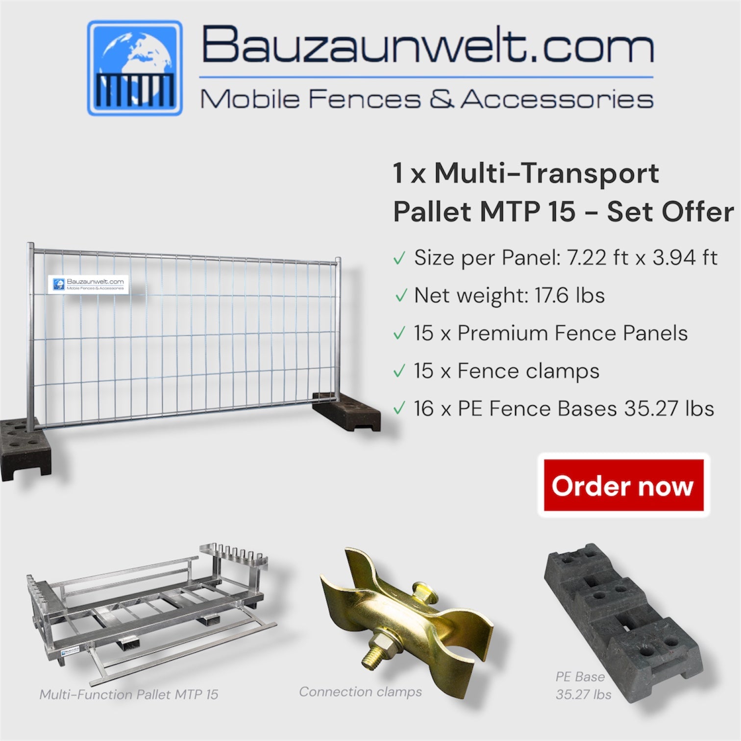 Construction Fence Premium 15-Piece Set with MTP15 - 3.94ft Panel