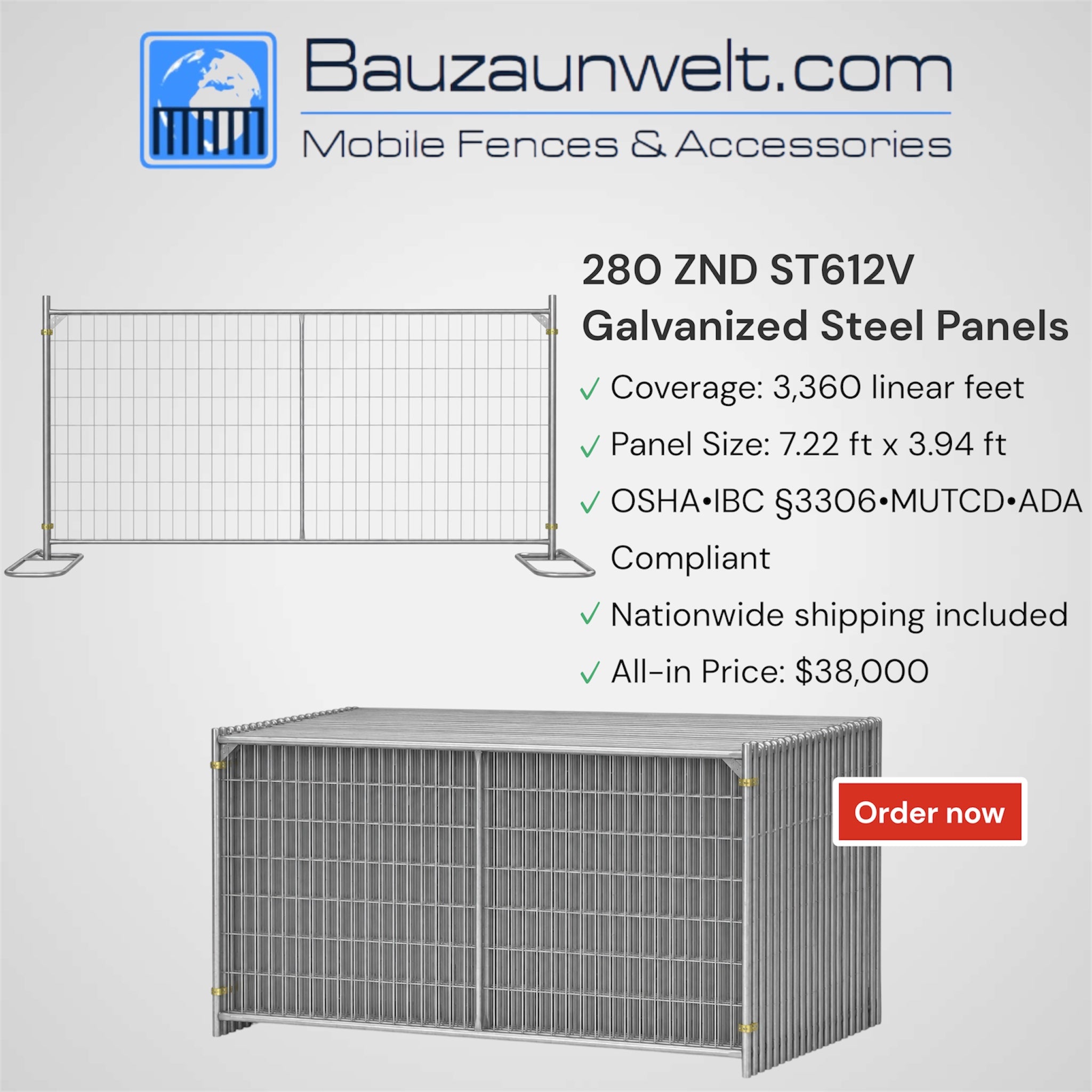 ZND ST612V Construction Fence Complete Set 3,360 LF - 280 Panels