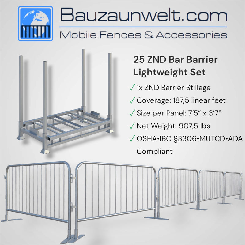 ZND 25-piece bar barrier set with barrier stillage and feet, ready for transport