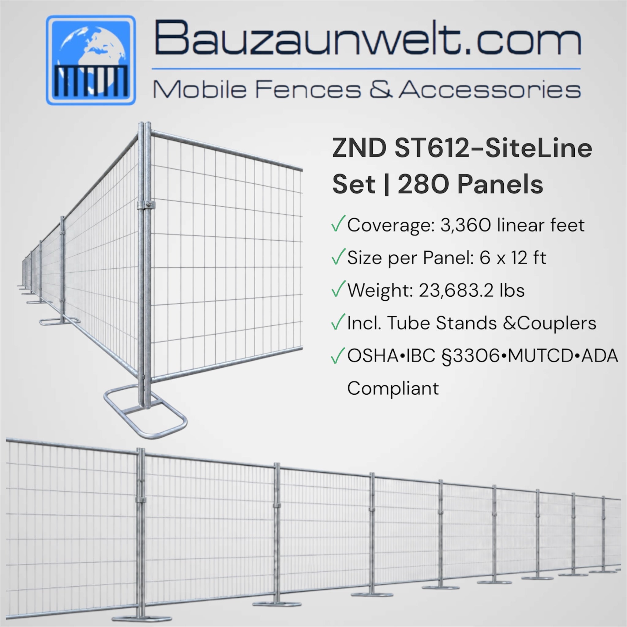 ZND ST612-SiteLine Set - 280 Panel Temporary Fence Package